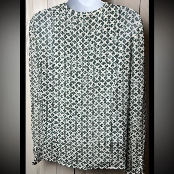 TORY BURCH Chain Print Silk Blouse English Green Long Sleeve Pleated Top 2 - Picture 3 of 10